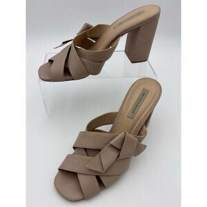 Saks Fifth Avenue Nude Beige Leather Sandal Strappy Block Heel Size 9 M Bow